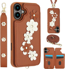 for iPhone 16 Case Exquisite Leather Built-in Flip Card Holder Freshness Small Flower Pattern with Long and Short Strap flip Bracket Daily Travel Women