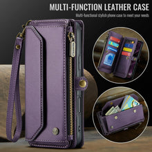 for iPhone 16 Pro Max Case with 10 Card Slots RFID Blocking Magnetic Closure Zipper Cash Bills Pocket, Premium PU Leather with Crossbody Wristlet Strap - Purple