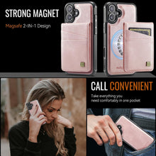 for iPhone 16 2 in 1 Detachable Card Holder Wallet Case Strong Magnetic Leather Card Holder RFID Blacking Case for iPhone 16 Pink