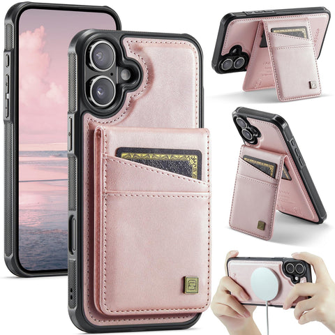 for iPhone 16 2 in 1 Detachable Card Holder Wallet Case Strong Magnetic Leather Card Holder RFID Blacking Case for iPhone 16 Pink