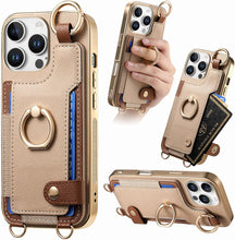 for iPhone 16 Pro Max Mobile Phone Case Card Holder Double Ring Leather Adjustable Length Strap Fashionable Compatibility with Daily Travel Anti-Drop Shockproof Anti-Fingerprint
