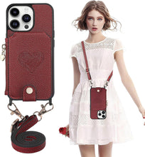 for iPhone 16 Pro Mobile Phone Case Classic Card Holder Cute Heart Pattern Luxury Leather Flip Cover with Long Strap Compatibility with Daily Travel Anti-Fall Durable