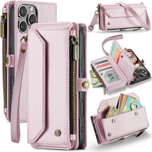 for iPhone 16 Pro Max Case with 10 Card Slots RFID Blocking Magnetic Closure Zipper Cash Bills Pocket, Premium PU Leather with Crossbody Wristlet Strap - Purple