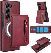 삼성 갤럭시 Z Fold5 케이스, 2-in-1 분리형 자석 지갑, 4개의 카드 슬롯, 1개의 지퍼백, MagSafe 및 RFID 차단 스탠드, 무선 충전