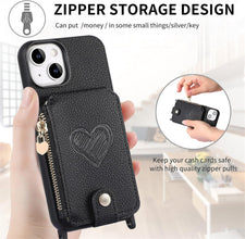 for iPhone 15 Mobile Phone Case Classic Card Holder Cute Heart Pattern Luxury Leather Flip Cover with Long Strap Compatibility with Daily Travel Anti-Fall Durable