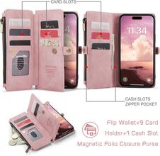 Defencase Compatible with iPhone 17 Case Wallet with RFID Blocking Card Holder for Women and Men, Fashion PU Leather Magnetic Snap Flip Zipper Strap Wallet Phone Case for iPhone 17 6.3