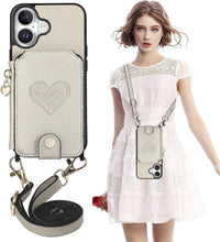 for iPhone 16 Pro Mobile Phone Case Classic Card Holder Cute Heart Pattern Luxury Leather Flip Cover with Long Strap Compatibility with Daily Travel Anti-Fall Durable