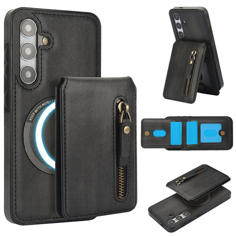 for Samsung Galaxy S25 Plus Case with 2 in 1 Detachable Magnetic Wallet, 4 Card Slots and Zipper Pocket,Compatible with MagSafe, RFlD Blocking Premium PU Leather Wireless Charging-Black