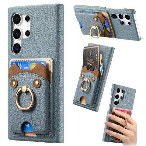 for Samsung Galaxy S24 Ultra Case Lychee Leather Card Slot Equipped with Finger Ring Easy to Carry Calf Card Holder Cute Style Shockproof and Drop-Proof