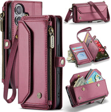for iPhone 16 Pro Max Case with 10 Card Slots RFID Blocking Magnetic Closure Zipper Cash Bills Pocket, Premium PU Leather with Crossbody Wristlet Strap - Purple