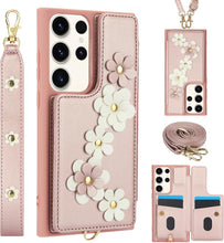 for Samsung Galaxy S23 Plus Case Exquisite Leather Built-in Flip Card Holder Freshness Small Flower Pattern with Long and Short Strap flip Bracket Daily Travel Women