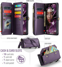 for iPhone 16 Pro Max Case with 10 Card Slots RFID Blocking Magnetic Closure Zipper Cash Bills Pocket, Premium PU Leather with Crossbody Wristlet Strap - Purple