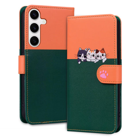 for Samsung Galaxy S23 Mobile Phone Case Kitten and Puppy Pattern Magnetic Soft Flip Wallet Color Stitching Fashion Simple Fun Daily Wallet Case for Galaxy S23（Green）