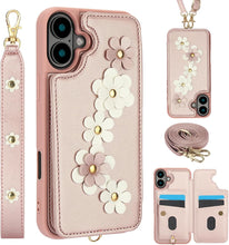 for iPhone 16 Case Exquisite Leather Built-in Flip Card Holder Freshness Small Flower Pattern with Long and Short Strap flip Bracket Daily Travel Women