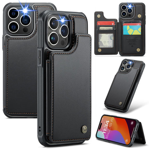 for iPhone 16 Pro Max Case with RFID Blocking and 5 Credit Card Holder, Premium Durable Slim Leather Magnetic Clasp Kickstand Heavy Duty Shockproof Protective Cover.- Black