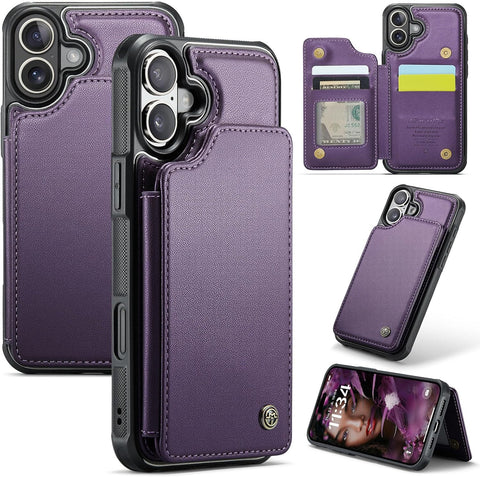 for iPhone 17 Wallet Case with RFID Blocking and 4 Credit Card Holder, Premium Durable Slim Leather Magnetic Clasp Kickstand Heavy Duty Shockproof Protective Cover.- Purple
