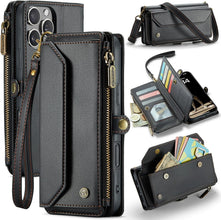 for iPhone 16 Pro Max Case with 10 Card Slots RFID Blocking Magnetic Closure Zipper Cash Bills Pocket, Premium PU Leather with Crossbody Wristlet Strap - Purple