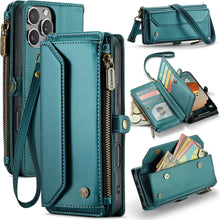 for iPhone 16 Pro Max Case with 10 Card Slots RFID Blocking Magnetic Closure Zipper Cash Bills Pocket, Premium PU Leather with Crossbody Wristlet Strap - Purple