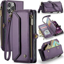 for iPhone 16 Pro Max Case with 10 Card Slots RFID Blocking Magnetic Closure Zipper Cash Bills Pocket, Premium PU Leather with Crossbody Wristlet Strap - Purple