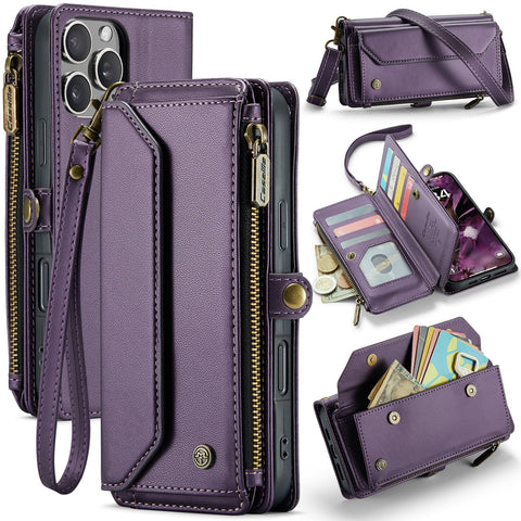 for iPhone 16 Pro Max Case with 10 Card Slots RFID Blocking Magnetic Closure Zipper Cash Bills Pocket, Premium PU Leather with Crossbody Wristlet Strap - Purple
