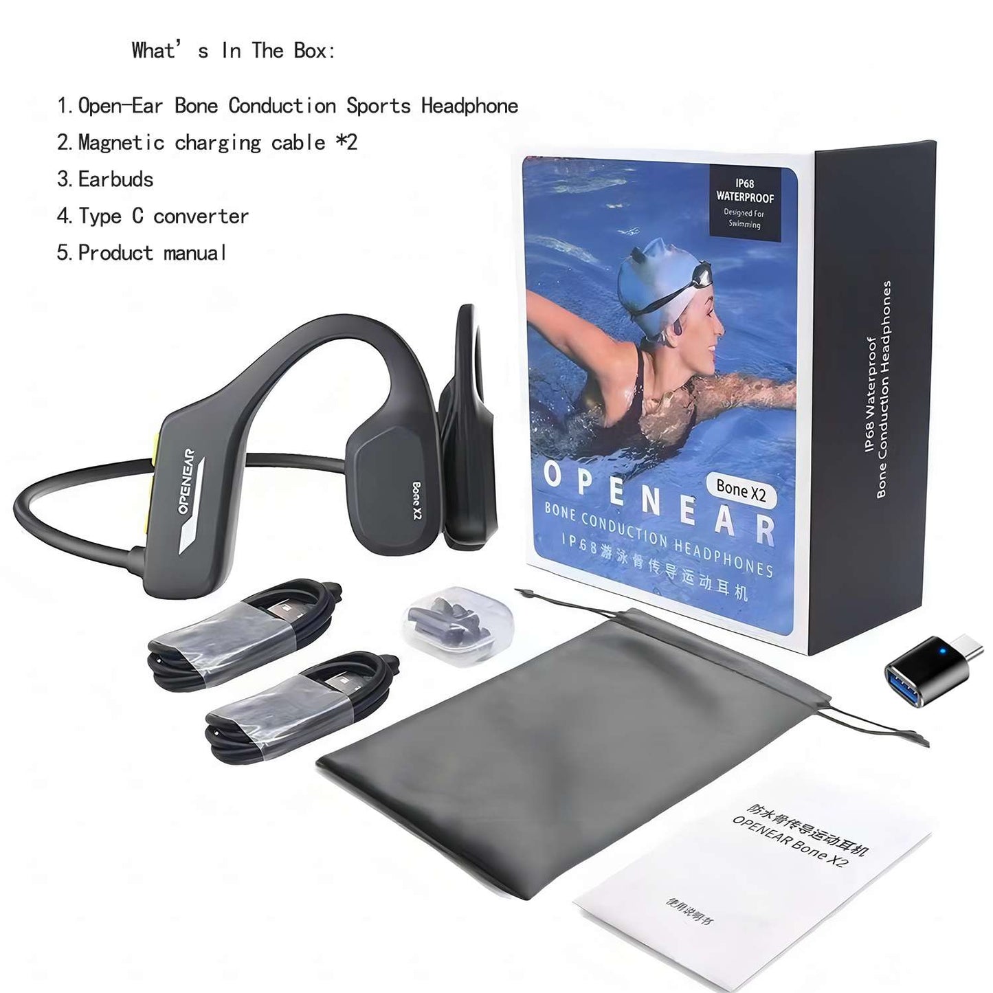 Open Ear Swimming Headphones, Wireless Bone Conduction, Bluetooth 5.3 and IP68 Full Waterproof, 8G MP3 Storage