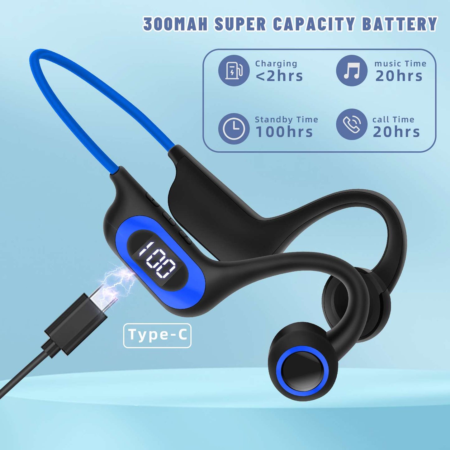 Open Air Wireless Earphones Over 20 Hours Music and Calling Time, Battery Display, Bluetooth 5.3