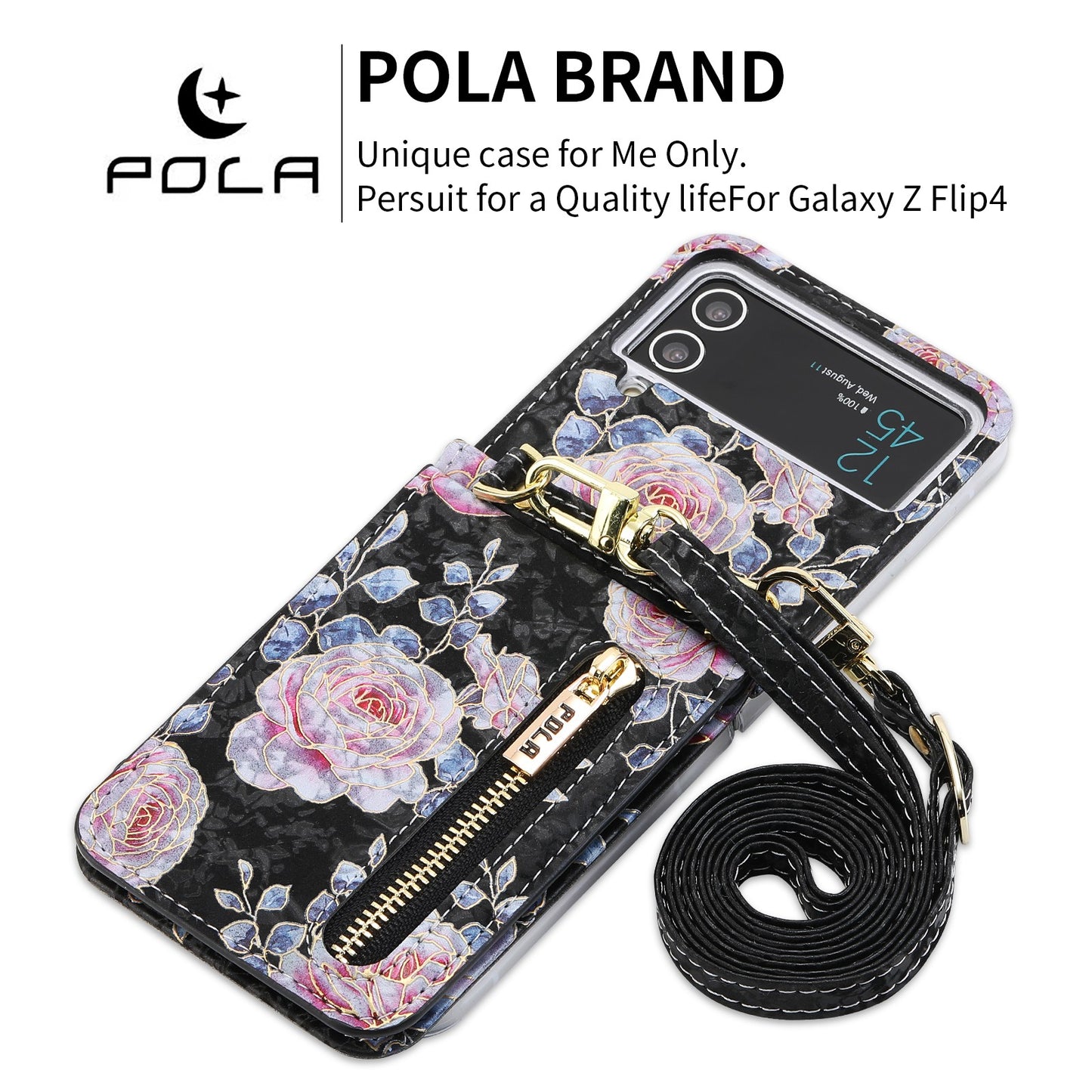 Pola Galaxy Z Flip 4/3 Case, Luxurious Floral Fashion Multifunctional Phone Case for Samsung