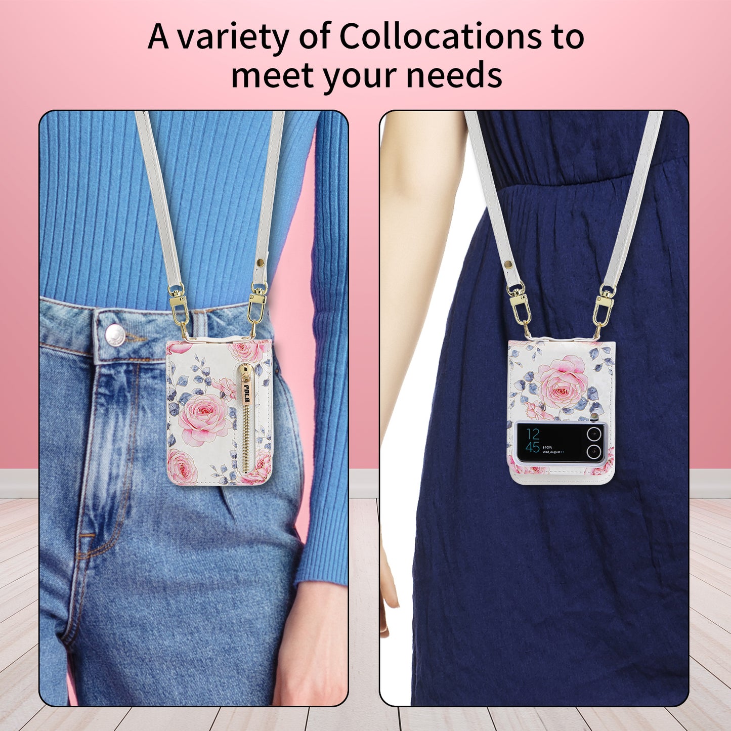 Pola Galaxy Z Flip 4/3 Case, Luxurious Floral Fashion Multifunctional Phone Case for Samsung