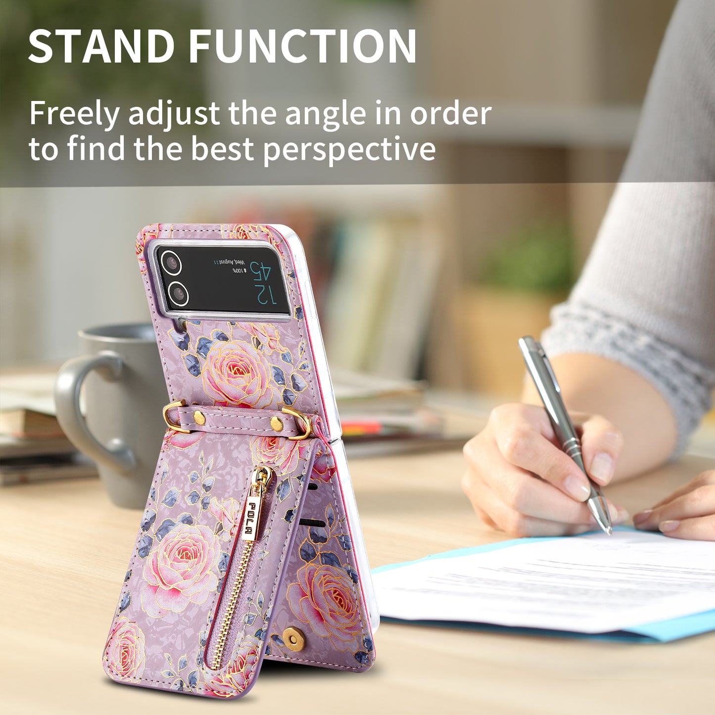 Pola Galaxy Z Flip 4/3 Case, Luxurious Floral Fashion Multifunctional Phone Case for Samsung