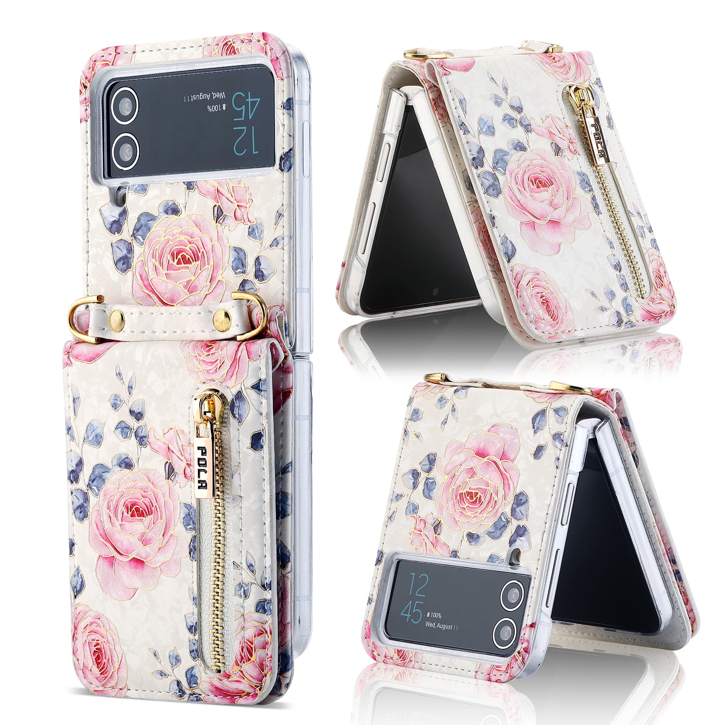 Pola Galaxy Z Flip 4/3 Case, Luxurious Floral Fashion Multifunctional Phone Case for Samsung